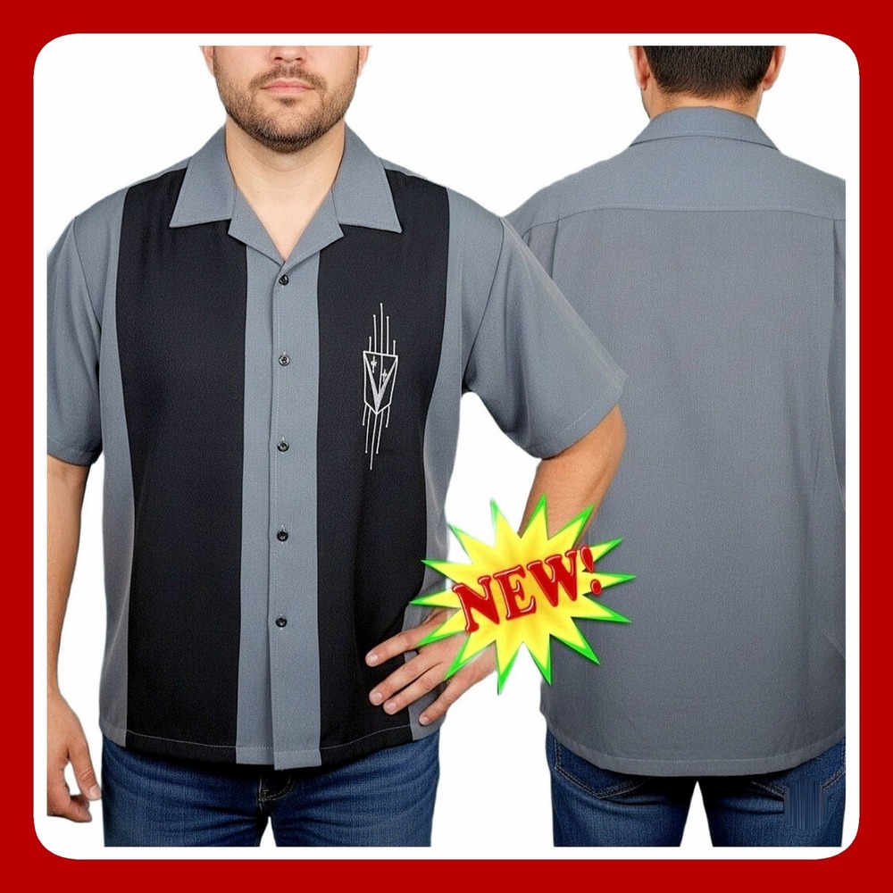 BeRetro Mens Bowling Shirt XL Gray Black Embroidered‎ Rockabilly Retro NWT USA